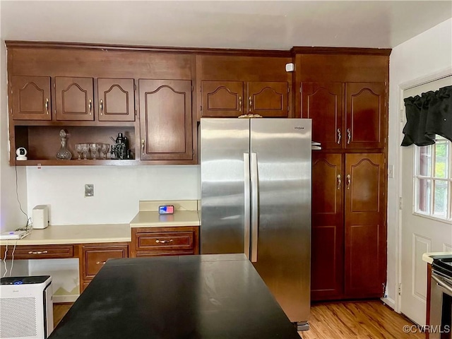 4009 Robert E Lee Dr, North Prince George, VA 23860 - kitchen with freestanding refrigerator, open shelves, light wood-style flooring, and light countertops