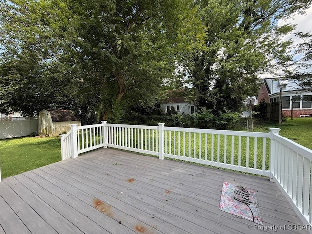 36 Roseneath Ave, Kilmarnock, VA 22482 - wooden deck featuring a shed and a lawn