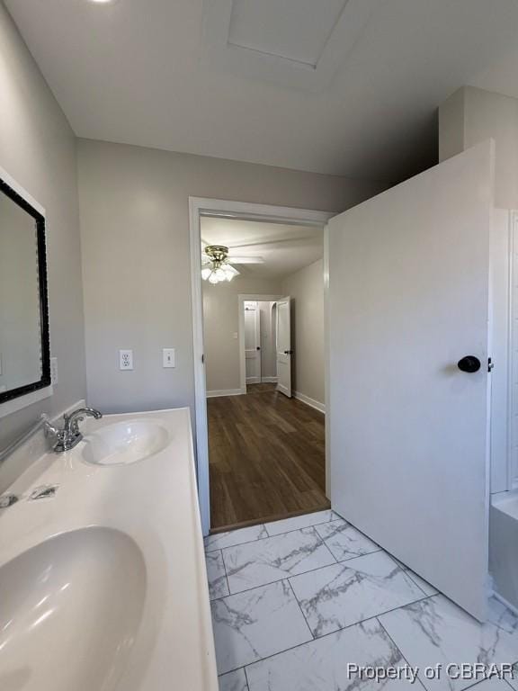 36 Roseneath Ave, Kilmarnock, VA 22482 - full bath featuring marble finish flooring, double vanity, and ceiling fan