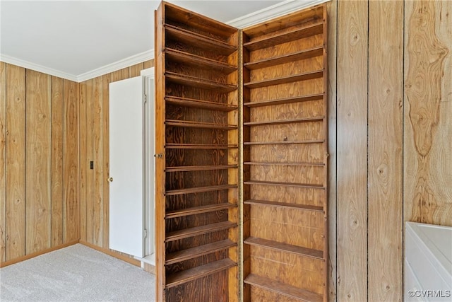 2411 Colwyn Rd, Henrico, VA 23229 - stairway with wooden walls, carpet, and ornamental molding