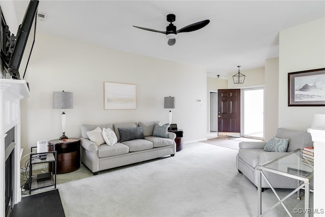 4017 Bayapple Dr, Henrico, VA 23294 - living room with a fireplace, ceiling fan, and carpet floors