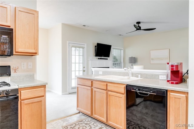 4017 Bayapple Dr, Henrico, VA 23294 - kitchen featuring black appliances, light brown cabinets, ceiling fan, and open floor plan