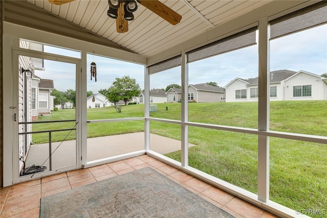4017 Bayapple Dr, Henrico, VA 23294 - unfurnished sunroom featuring ceiling fan, lofted ceiling, and a residential view