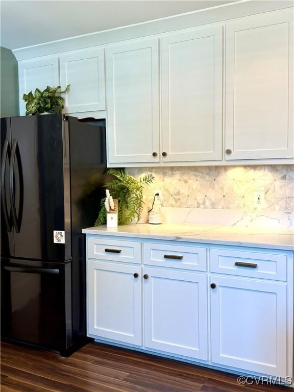 5754 Fox Maple Ter, Chesterfield, VA 23803 - kitchen with freestanding refrigerator, white cabinets, and dark wood-type flooring