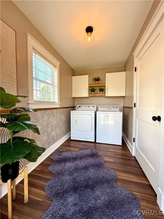 5754 Fox Maple Ter, Chesterfield, VA 23803 - washroom featuring washing machine and dryer, cabinet space, wainscoting, and dark wood-style floors