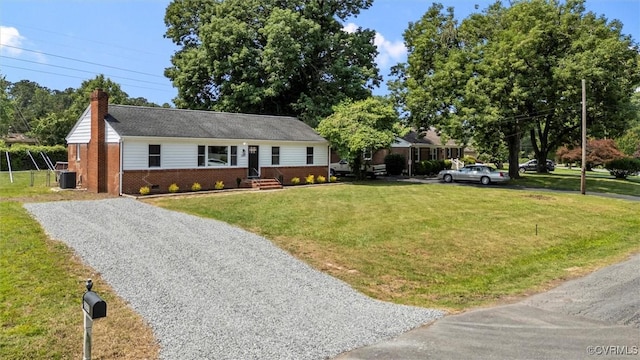 2207 Craven Ln, Henrico, VA 23228 - ranch-style house featuring brick siding, driveway, a chimney, and a front lawn