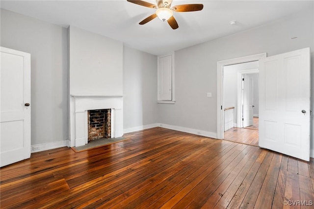 2502 E Grace St, Richmond, VA 23223 - unfurnished living room with ceiling fan, a fireplace with flush hearth, and hardwood / wood-style floors