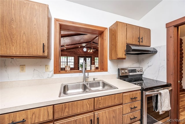 6631 Rural Point Rd, Mechanicsville, VA 23116 - kitchen with stainless steel electric range oven, under cabinet range hood, light countertops, ceiling fan, and wood ceiling