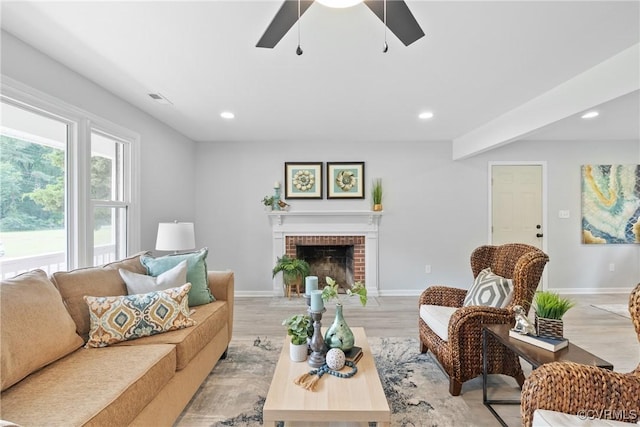 606 Bermuda Hundred Rd, Chester, VA 23836 - living area with a ceiling fan, light wood-type flooring, recessed lighting, and a brick fireplace