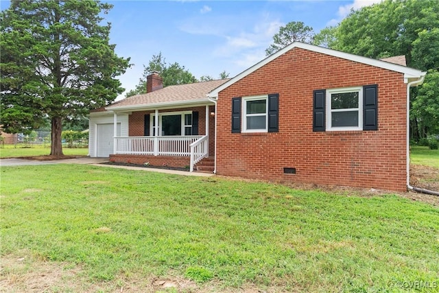 606 Bermuda Hundred Rd, Chester, VA 23836 - single story home with an attached garage, a chimney, covered porch, and a front yard