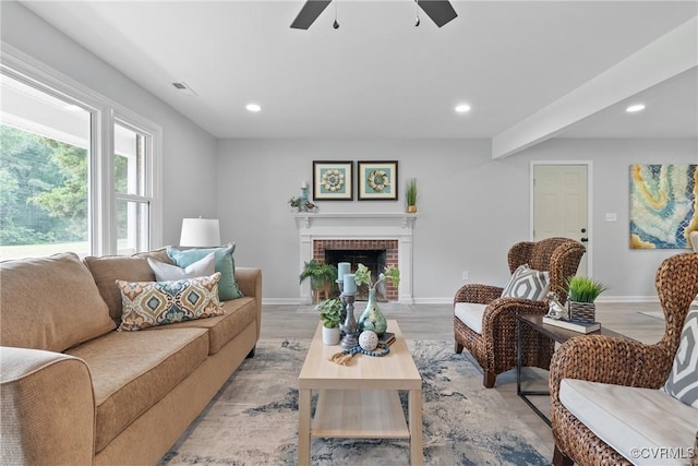 606 Bermuda Hundred Rd, Chester, VA 23836 - living room with ceiling fan, recessed lighting, a fireplace, and light wood finished floors