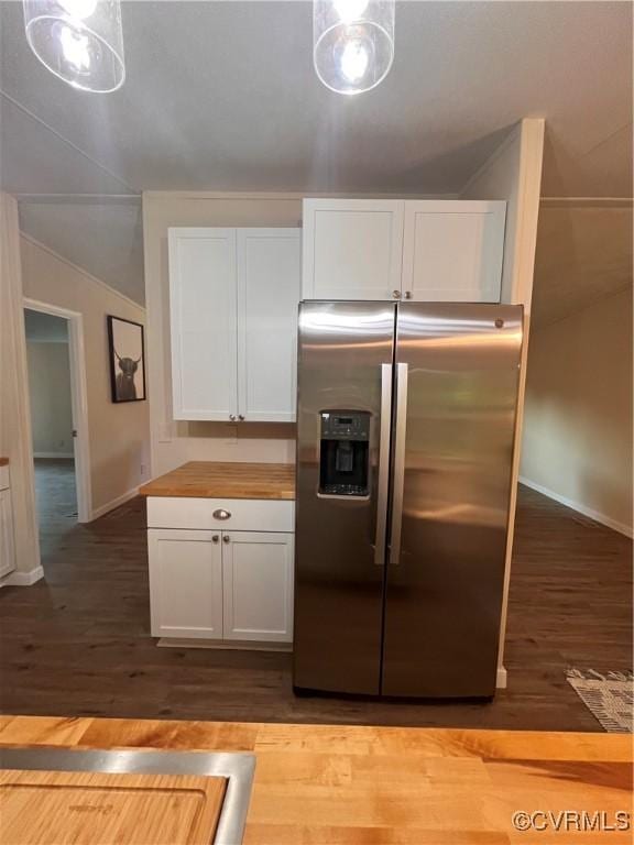 5225 Hopewell Rd, New Kent, VA 23124 - kitchen featuring stainless steel refrigerator with ice dispenser, white cabinets, light wood-style flooring, and wooden counters