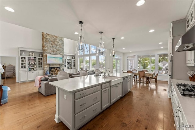 6636 Stonewolf Ct, Moseley, VA 23120 - kitchen featuring gray cabinets, appliances with stainless steel finishes, light countertops, recessed lighting, and a fireplace