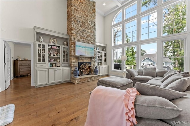 6636 Stonewolf Ct, Moseley, VA 23120 - living room featuring a towering ceiling, light wood finished floors, crown molding, and a stone fireplace