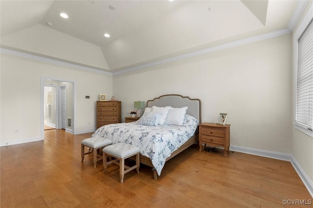 6636 Stonewolf Ct, Moseley, VA 23120 - bedroom featuring vaulted ceiling, light wood finished floors, recessed lighting, multiple windows, and crown molding