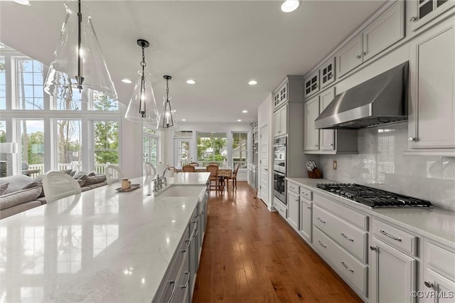 6636 Stonewolf Ct, Moseley, VA 23120 - kitchen featuring stainless steel appliances, open floor plan, extractor fan, recessed lighting, and glass insert cabinets