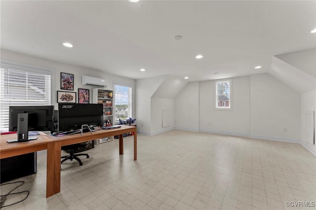 6636 Stonewolf Ct, Moseley, VA 23120 - office area with a wall mounted AC, healthy amount of natural light, recessed lighting, vaulted ceiling, and light floors
