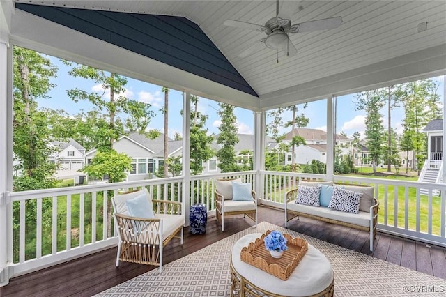 6636 Stonewolf Ct, Moseley, VA 23120 - sunroom featuring lofted ceiling, a ceiling fan, an outdoor living space, a residential view, and healthy amount of natural light