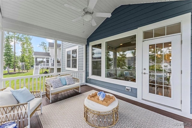 6636 Stonewolf Ct, Moseley, VA 23120 - sunroom with outdoor lounge area, a ceiling fan, and lofted ceiling