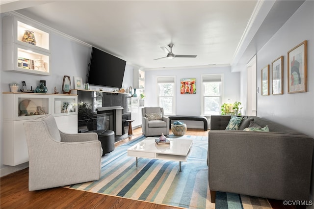 13926 Sagebrook Rd, Midlothian, VA 23112 - living room featuring wood finished floors, ornamental molding, ceiling fan, and a glass covered fireplace