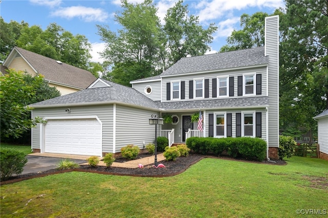 13926 Sagebrook Rd, Midlothian, VA 23112 - view of front of property featuring an attached garage, a front lawn, covered porch, a chimney, and a shingled roof