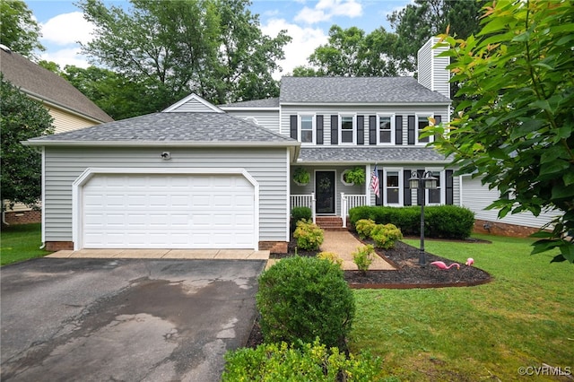 13926 Sagebrook Rd, Midlothian, VA 23112 - view of front facade featuring asphalt driveway, roof with shingles, a front lawn, a garage, and a chimney