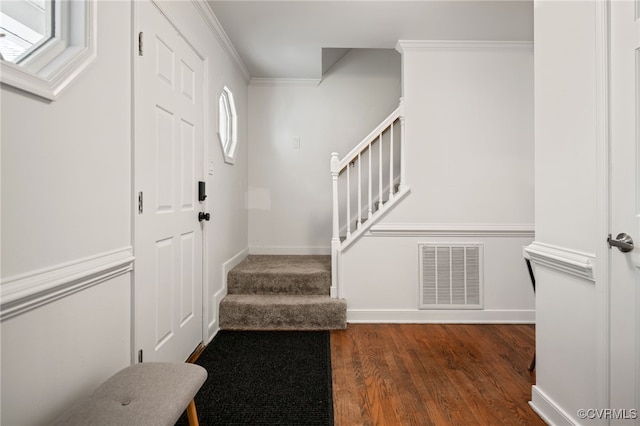 13926 Sagebrook Rd, Midlothian, VA 23112 - entryway with stairs, wood finished floors, and ornamental molding
