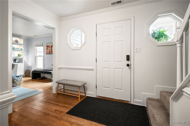 13926 Sagebrook Rd, Midlothian, VA 23112 - entrance foyer featuring wood finished floors, crown molding, and stairs
