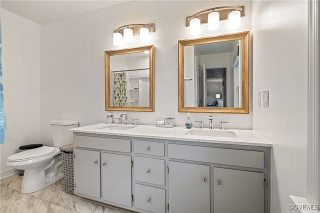 13926 Sagebrook Rd, Midlothian, VA 23112 - bathroom with double vanity, marble finish flooring, and a shower with shower curtain