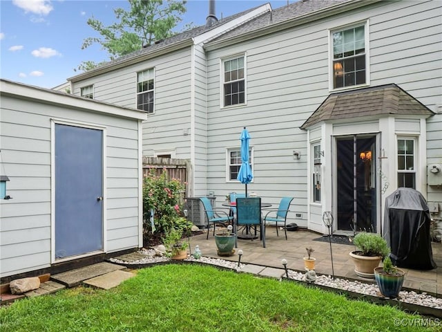 3034 Sara Jean Ter, Glen Allen, VA 23060 - back of property with a patio area, an outdoor structure, and a shingled roof