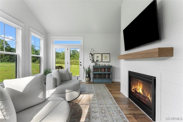 3616 Bonnies Way, Powhatan, VA 23139 - living room featuring vaulted ceiling, a glass covered fireplace, and dark wood-type flooring