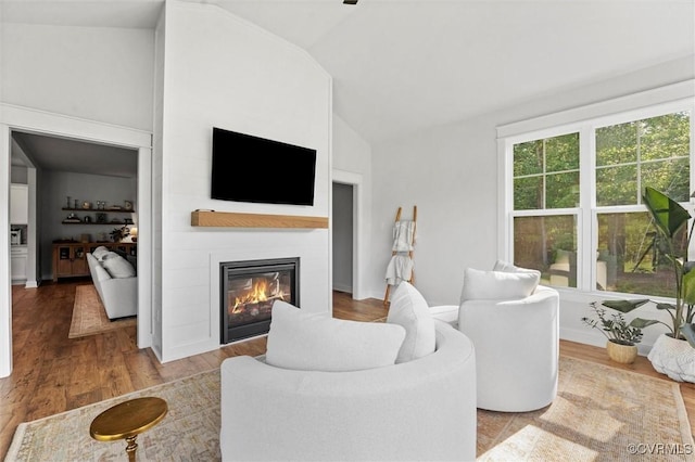 3616 Bonnies Way, Powhatan, VA 23139 - living area with vaulted ceiling, a fireplace, and wood finished floors