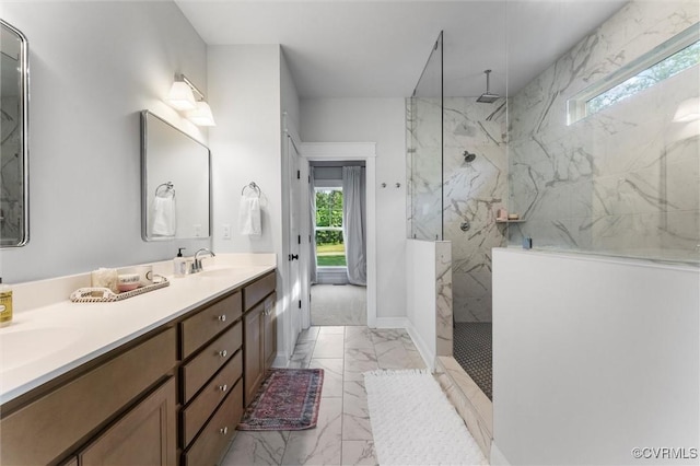 3616 Bonnies Way, Powhatan, VA 23139 - bathroom featuring marble finish flooring, a marble finish shower, and double vanity
