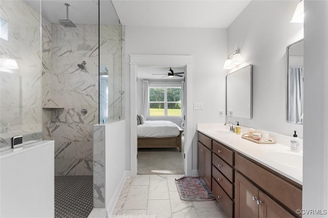 3616 Bonnies Way, Powhatan, VA 23139 - ensuite bathroom featuring marble look tile flooring, a marble finish shower, double vanity, and ceiling fan