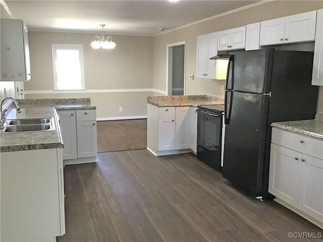 5206 Hallmark Dr, Chesterfield, VA 23234 - kitchen with black appliances, a peninsula, dark wood finished floors, ornamental molding, and a chandelier
