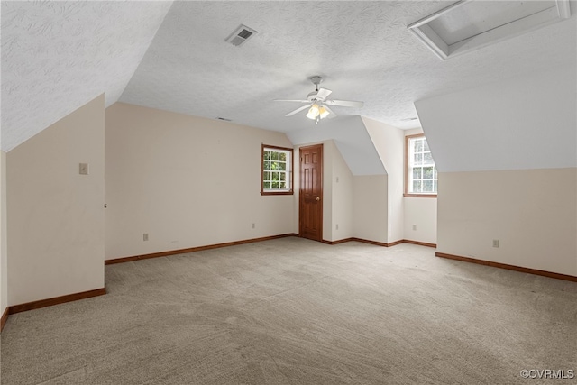 6768 Poplar Woods Ct, Quinton, VA 23141 - additional living space with lofted ceiling, ceiling fan, plenty of natural light, a textured ceiling, and light carpet