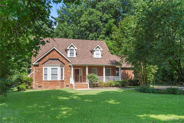 6768 Poplar Woods Ct, Quinton, VA 23141 - cape cod house with covered porch, brick siding, a front lawn, crawl space, and a shingled roof