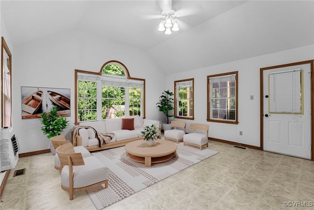 6768 Poplar Woods Ct, Quinton, VA 23141 - living room featuring a ceiling fan and high vaulted ceiling