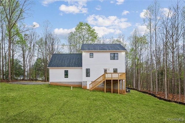2467 Judes Ferry Rd, Powhatan, VA 23139 - back of house featuring stairway, a deck, a lawn, and roof with shingles