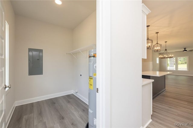 706 S Main St, Blackstone, VA 22824 - laundry area featuring electric panel, wood finished floors, a chandelier, electric water heater, and recessed lighting