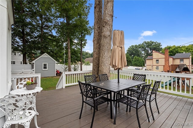 5307 Dermotte Ln, North Chesterfield, VA 23237 - wooden terrace with outdoor dining space and a storage shed