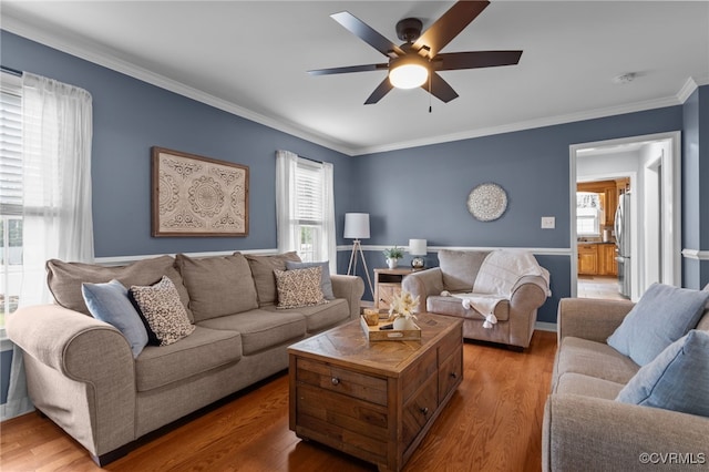 5307 Dermotte Ln, North Chesterfield, VA 23237 - living area featuring a ceiling fan, crown molding, and wood finished floors