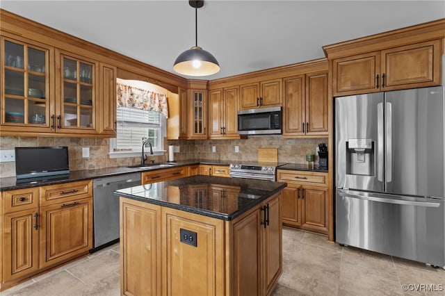 5307 Dermotte Ln, North Chesterfield, VA 23237 - kitchen featuring appliances with stainless steel finishes, brown cabinets, tasteful backsplash, glass insert cabinets, and dark stone counters