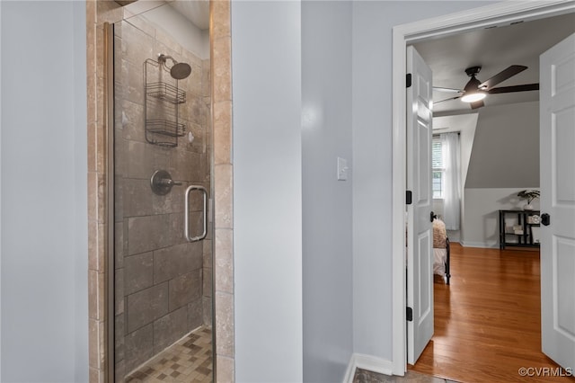 5307 Dermotte Ln, North Chesterfield, VA 23237 - bathroom with a shower stall, a ceiling fan, and wood finished floors