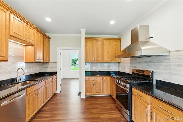 11219 Mill Place Ter, Glen Allen, VA 23060 - kitchen with wall chimney exhaust hood, stainless steel appliances, dark wood-style floors, ornamental molding, and decorative backsplash