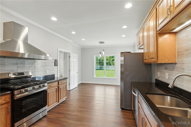 11219 Mill Place Ter, Glen Allen, VA 23060 - kitchen with appliances with stainless steel finishes, wall chimney range hood, ornamental molding, decorative backsplash, and dark wood-style flooring