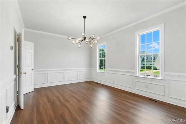 11219 Mill Place Ter, Glen Allen, VA 23060 - empty room featuring crown molding, a chandelier, wainscoting, and dark wood finished floors