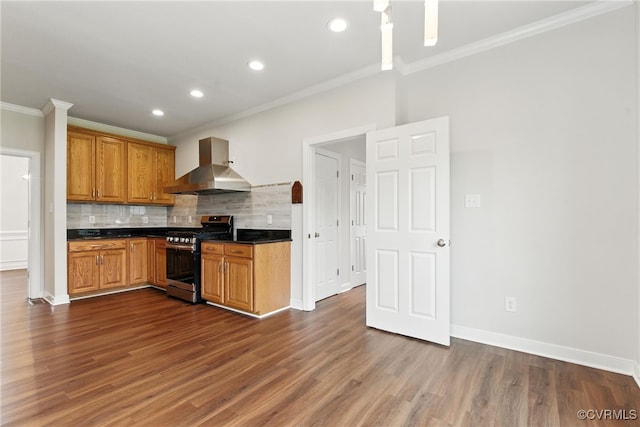 11219 Mill Place Ter, Glen Allen, VA 23060 - kitchen featuring wall chimney range hood, stainless steel gas range oven, dark countertops, crown molding, and decorative backsplash
