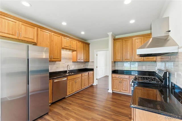 11219 Mill Place Ter, Glen Allen, VA 23060 - kitchen with appliances with stainless steel finishes, wall chimney exhaust hood, crown molding, tasteful backsplash, and recessed lighting