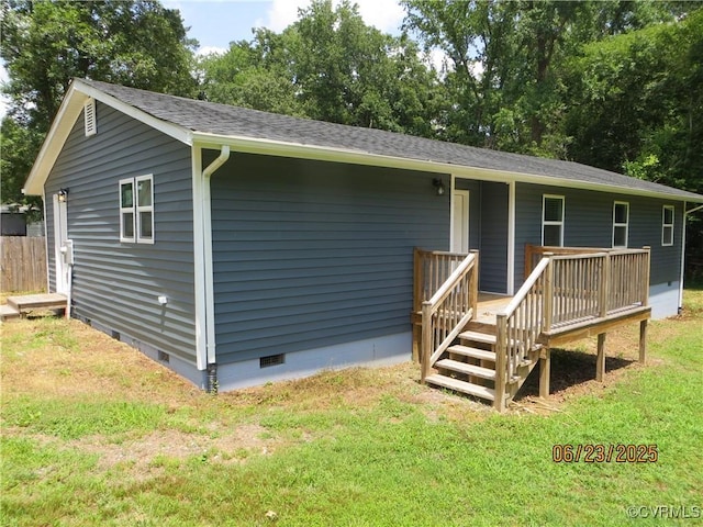 827 Ruthers Rd, North Chesterfield, VA 23235 - view of front of property featuring crawl space, a front yard, a wooden deck, and roof with shingles
